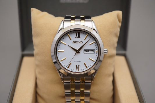 Seiko Selection SBPX085 V158 Gold Two Tone White Dial Solar Quartz Watch
