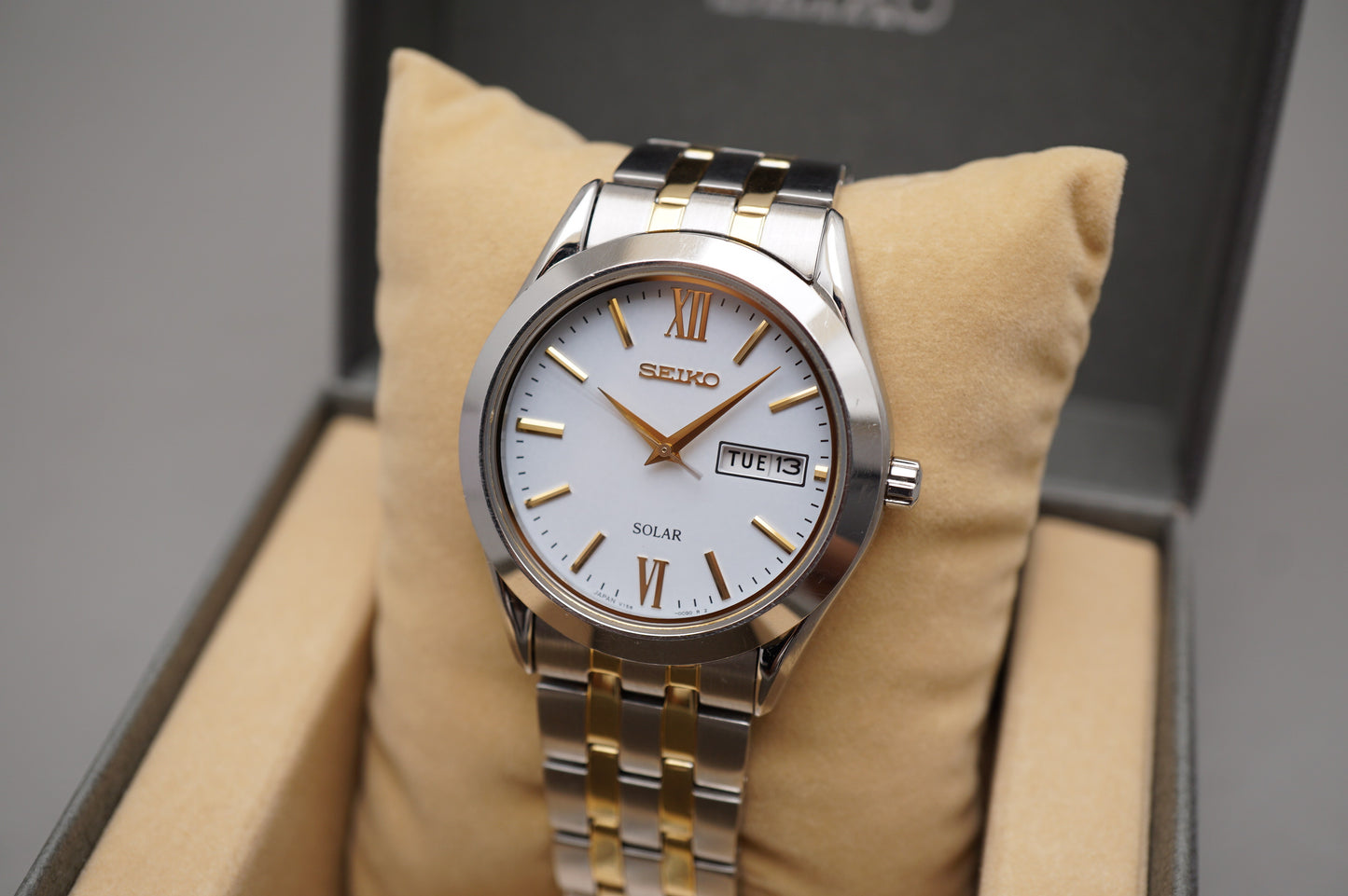Seiko Selection SBPX085 V158 Gold Two Tone White Dial Solar Quartz Watch