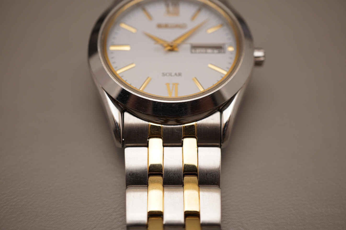 Seiko Selection SBPX085 V158 Gold Two Tone White Dial Solar Quartz Watch