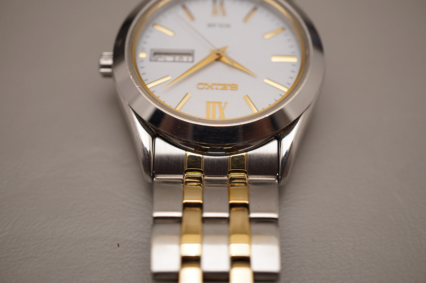 Seiko Selection SBPX085 V158 Gold Two Tone White Dial Solar Quartz Watch