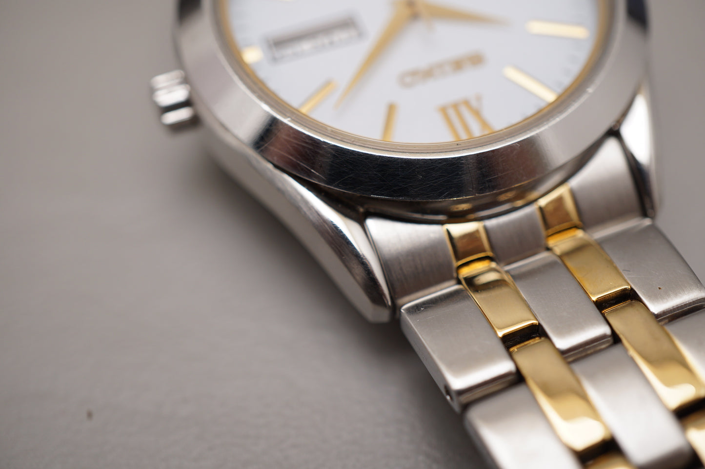 Seiko Selection SBPX085 V158 Gold Two Tone White Dial Solar Quartz Watch