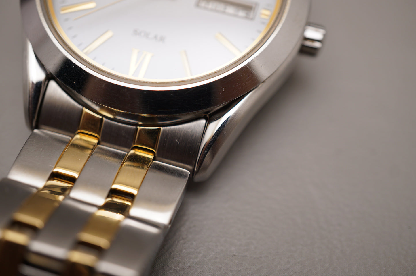 Seiko Selection SBPX085 V158 Gold Two Tone White Dial Solar Quartz Watch