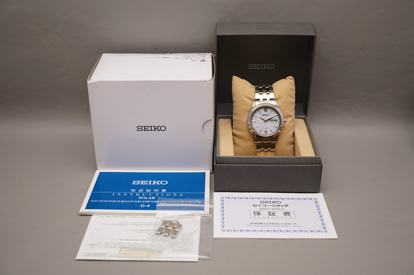 Seiko Selection SBPX085 V158 Gold Two Tone White Dial Solar Quartz Watch