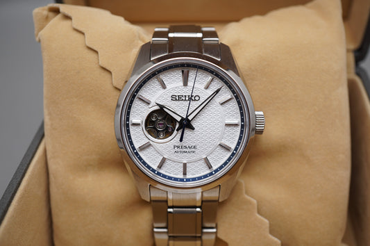 Seiko Presage SARX097 6R38 Sharp Edged White Dial Open Heart Automatic Watch