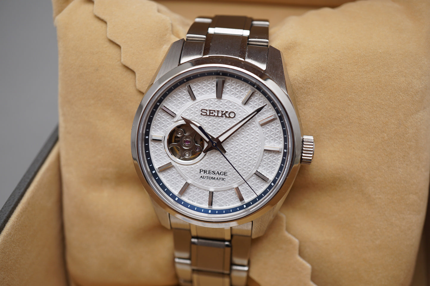 Seiko Presage SARX097 6R38 Sharp Edged White Dial Open Heart Automatic Watch