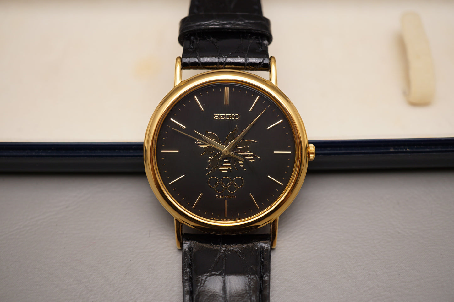 Vintage Seiko 7N21-8A00 Black Dial Gold Tone 1998 Nagano Olympics Quartz Watch