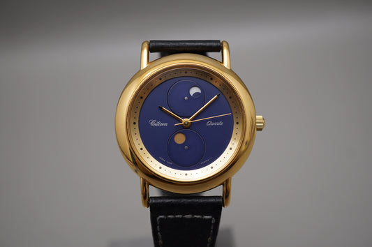 Vintage Citizen Cosmosign 2180-205472 Y Blue Dial Moonphase Sun Quartz Watch