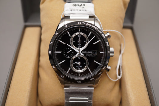 New Seiko Spirit SBPY119 V172 Black Dial Chronograph Solar Quartz Watch