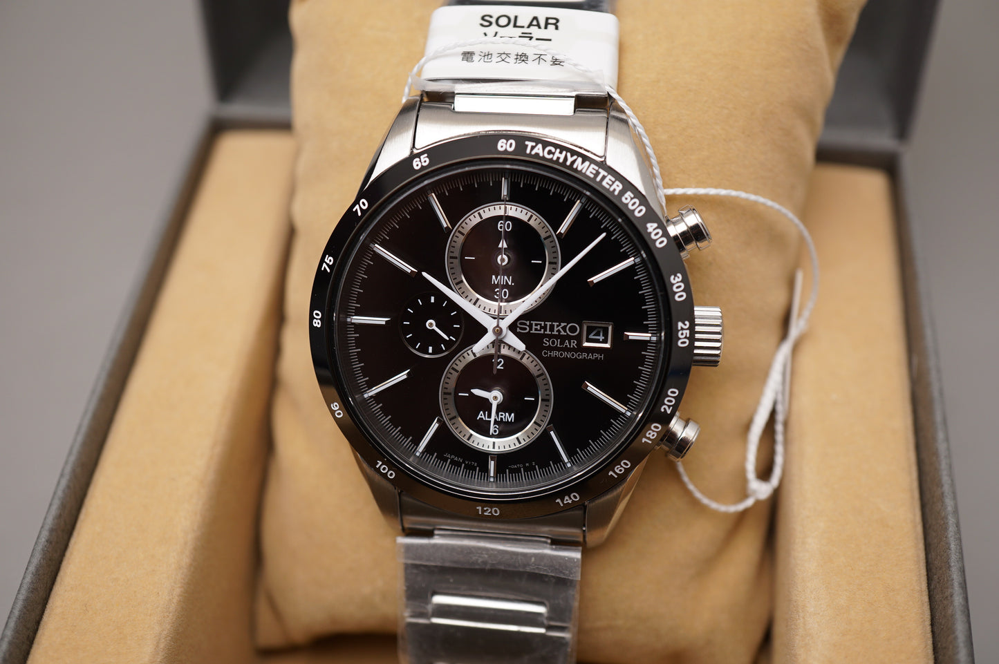 New Seiko Spirit SBPY119 V172 Black Dial Chronograph Solar Quartz Watch
