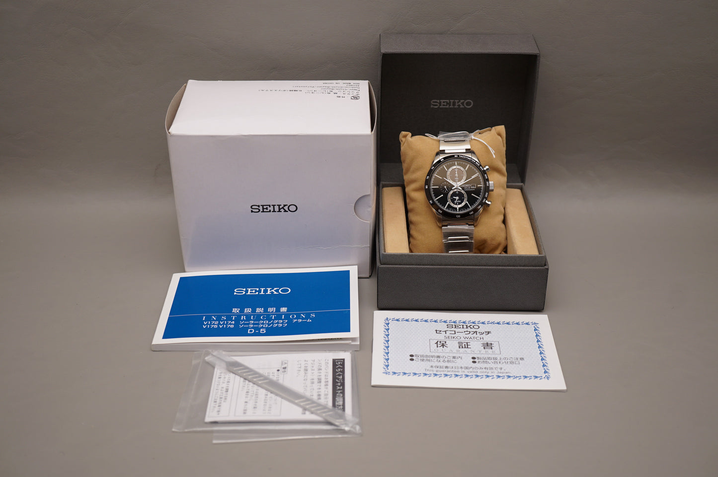 New Seiko Spirit SBPY119 V172 Black Dial Chronograph Solar Quartz Watch