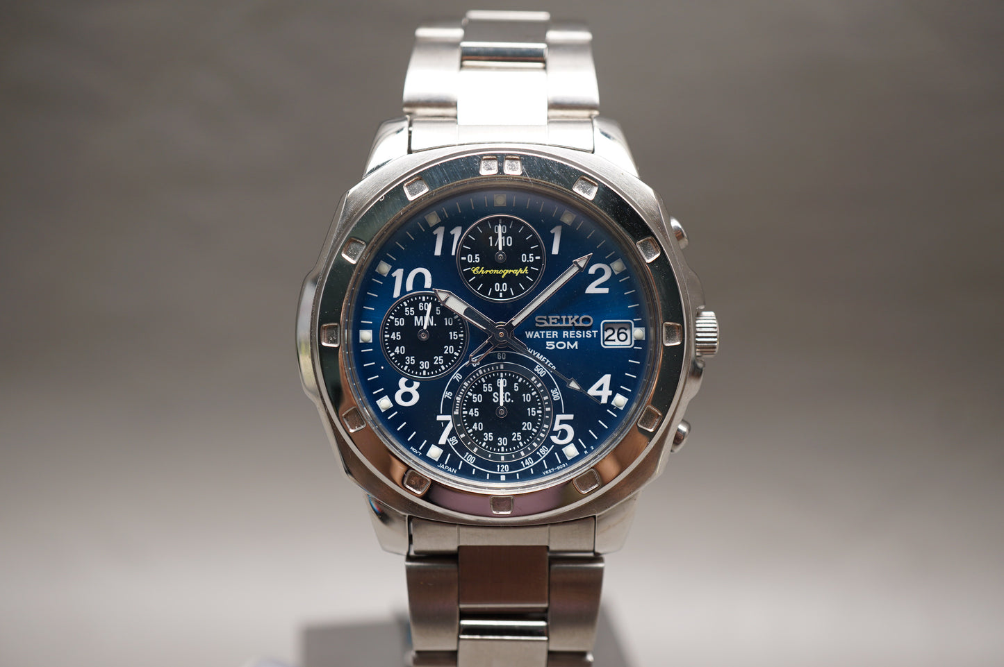 Unworn NOS Seiko SKS043P1 V657 Blue Dial Quartz Chronograph Watch