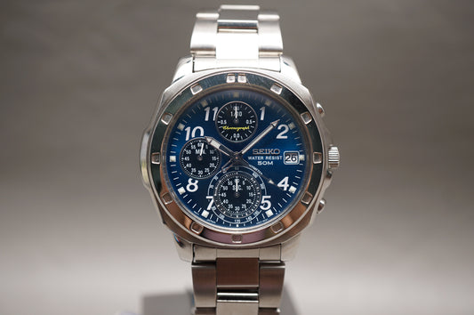 Unworn NOS Seiko SKS043P1 V657 Blue Dial Quartz Chronograph Watch