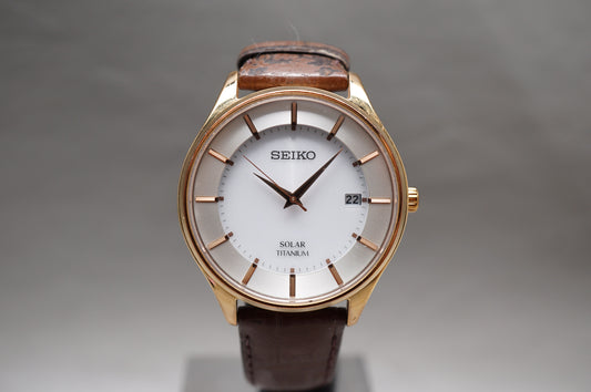 Seiko Selection SBPX106 V157 Rose Gold Tone Titanium Solar Quartz JDM Watch