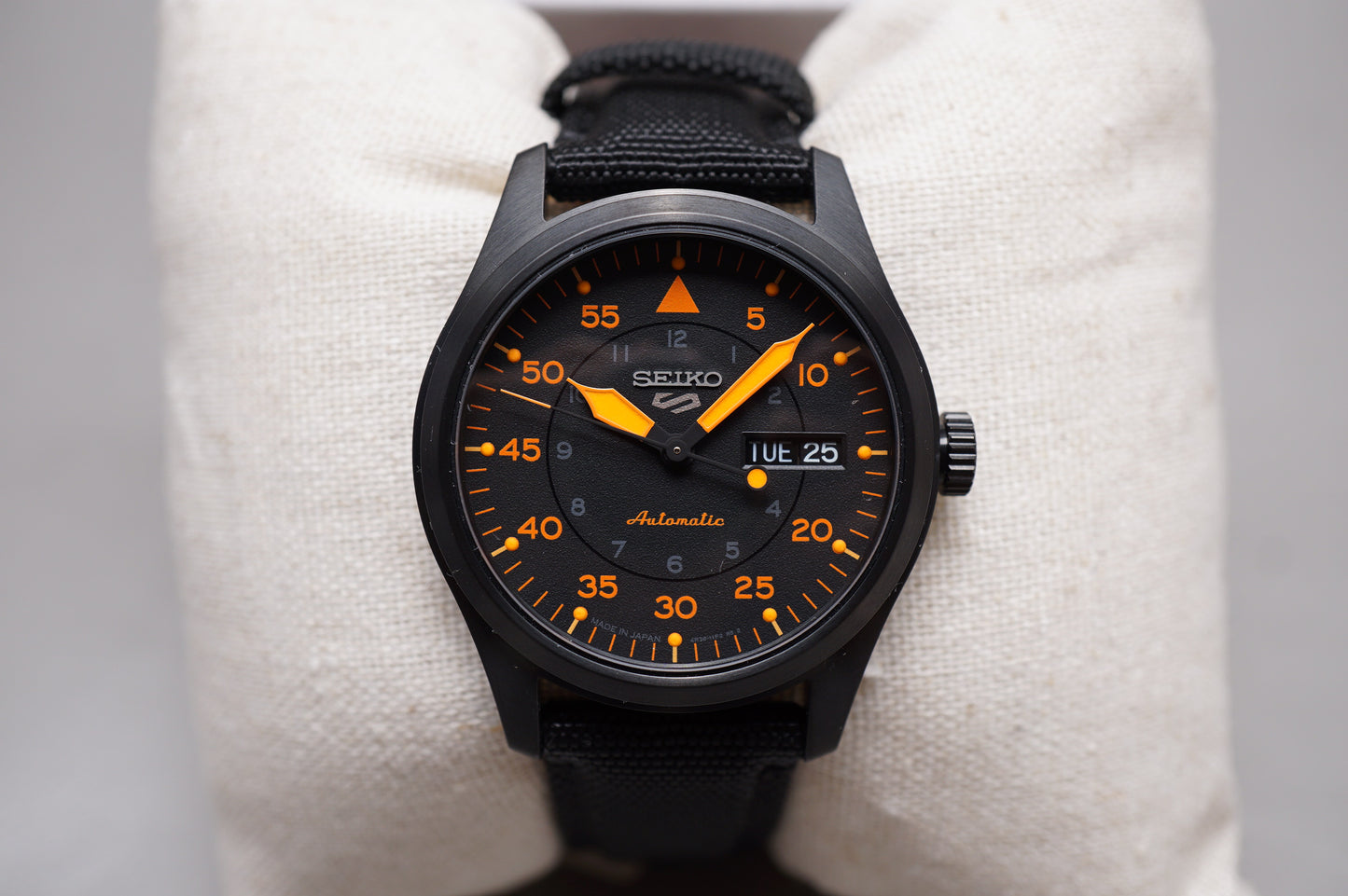 Unworn Seiko 5 Sports SBSA143 4R36 Flieger Style Black Orange Automatic Watch