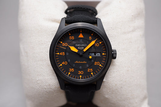 Unworn Seiko 5 Sports SBSA143 4R36 Flieger Style Black Orange Automatic Watch