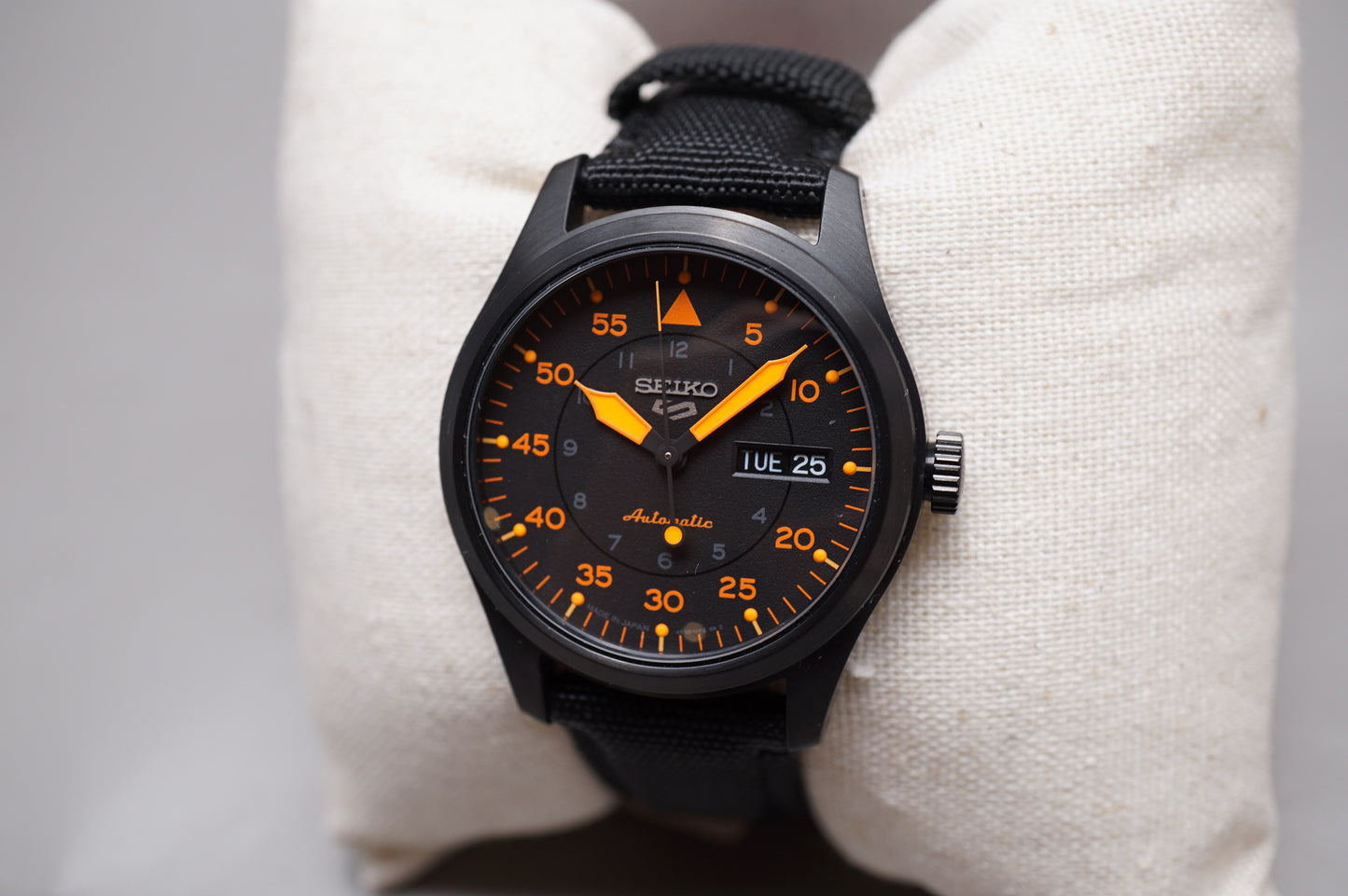 Unworn Seiko 5 Sports SBSA143 4R36 Flieger Style Black Orange Automatic Watch