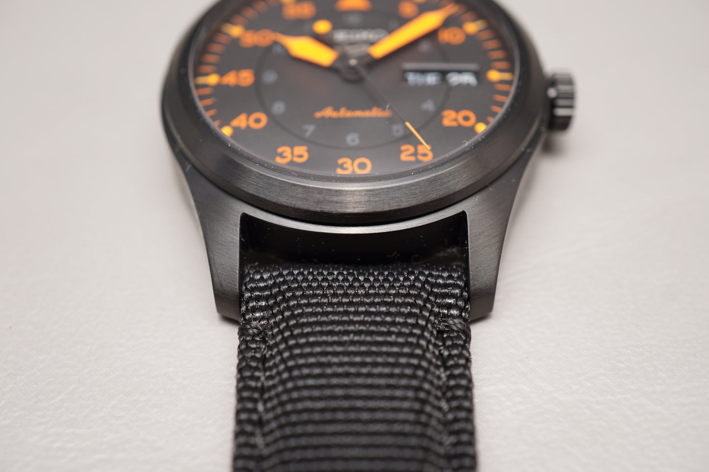 Unworn Seiko 5 Sports SBSA143 4R36 Flieger Style Black Orange Automatic Watch