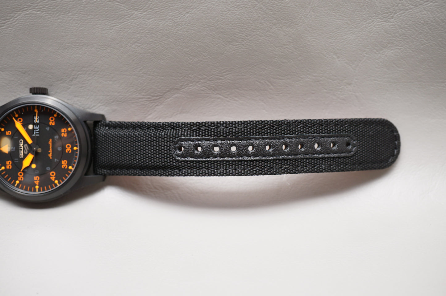 Unworn Seiko 5 Sports SBSA143 4R36 Flieger Style Black Orange Automatic Watch