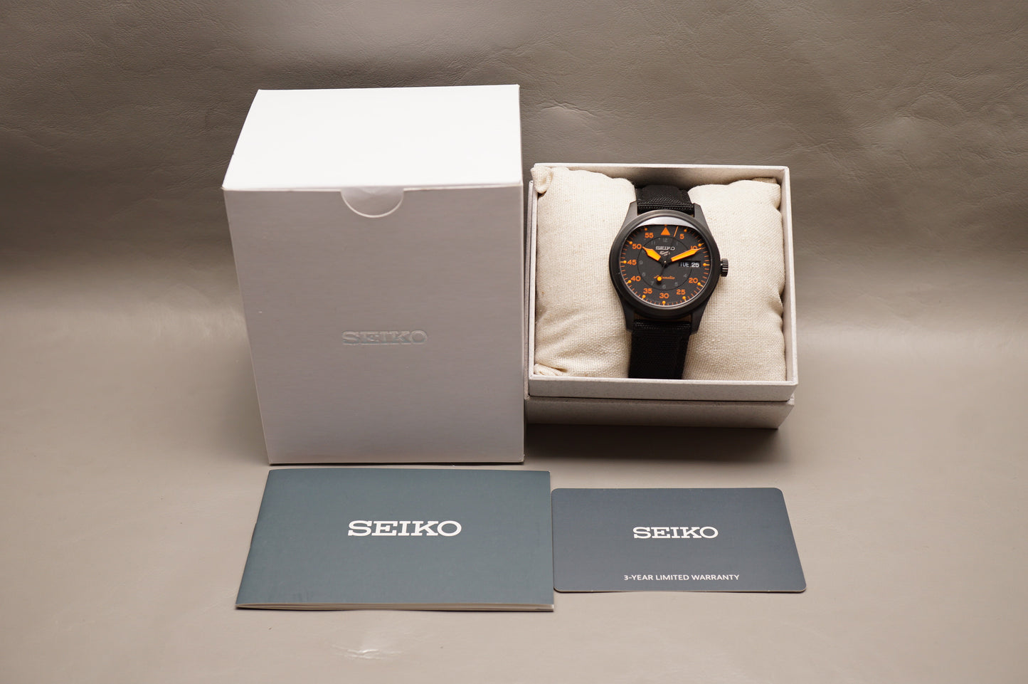 Unworn Seiko 5 Sports SBSA143 4R36 Flieger Style Black Orange Automatic Watch