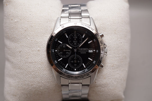 New Seiko SND367PC 7T92 Black Dial Chronograph Tachymeter Quartz Watch