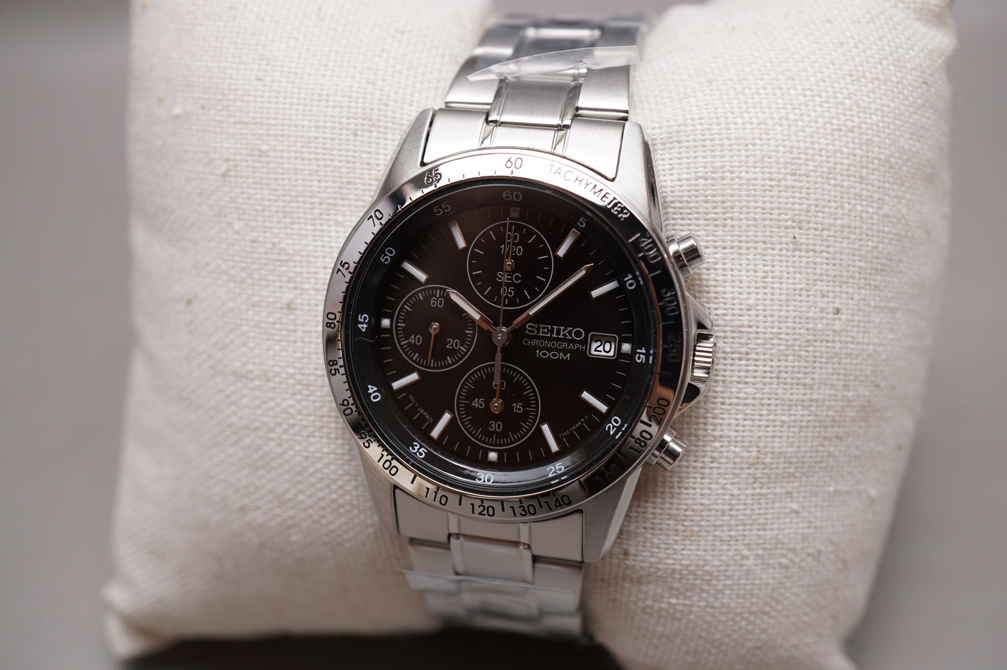 New Seiko SND367PC 7T92 Black Dial Chronograph Tachymeter Quartz Watch