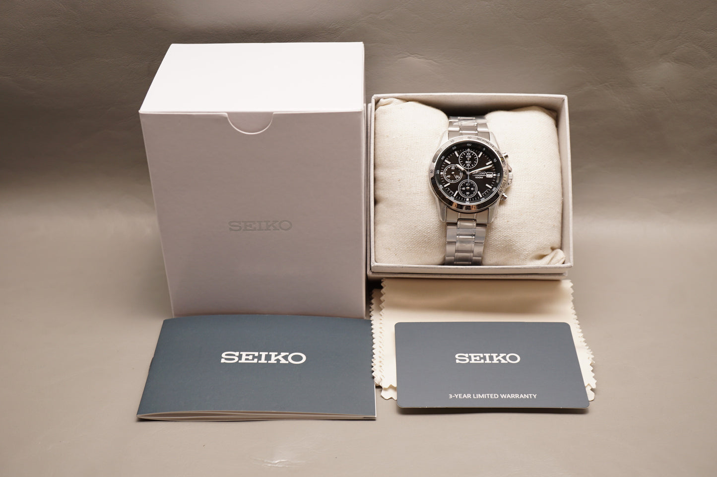 New Seiko SND367PC 7T92 Black Dial Chronograph Tachymeter Quartz Watch