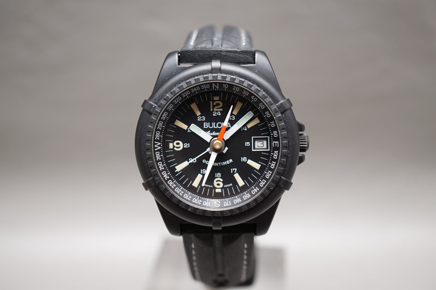 Vintage 1980s Bulova 11809 Ocean Timer Black Compass Swiss Automatic Watch