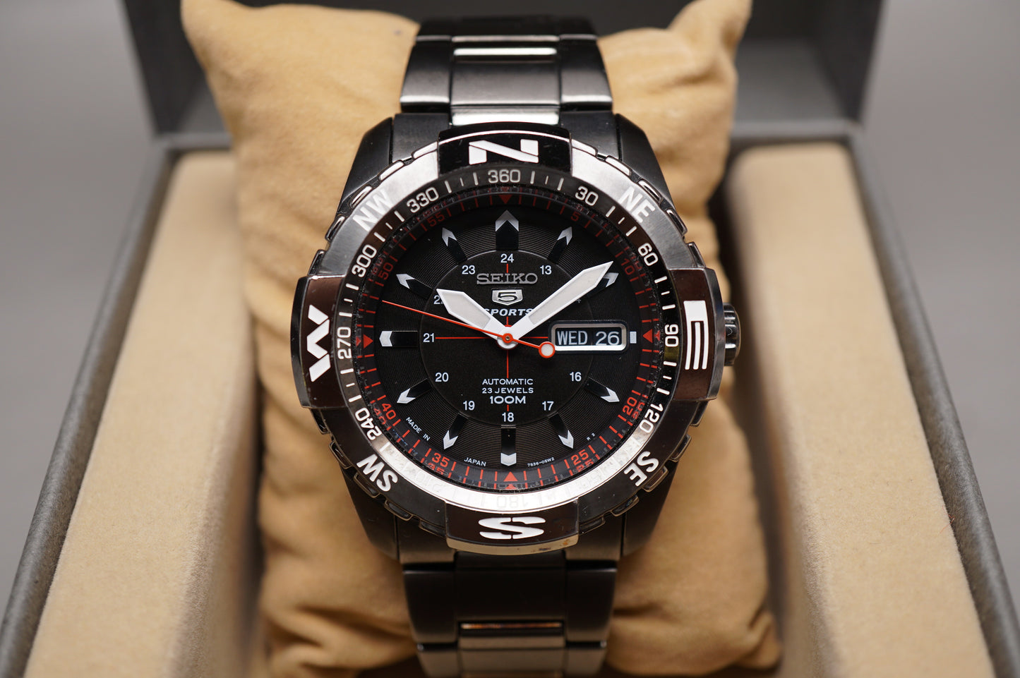 Seiko 5 Sports SNZJ11J1 7S36 Black Tone Compass Automatic Watch Made in Japan