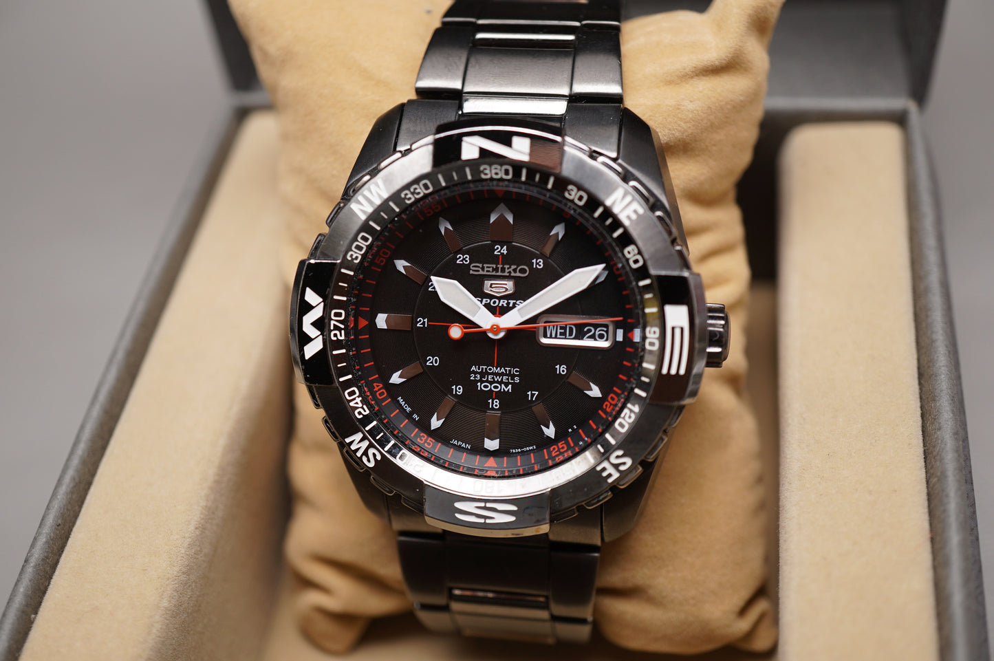 Seiko 5 Sports SNZJ11J1 7S36 Black Tone Compass Automatic Watch Made in Japan