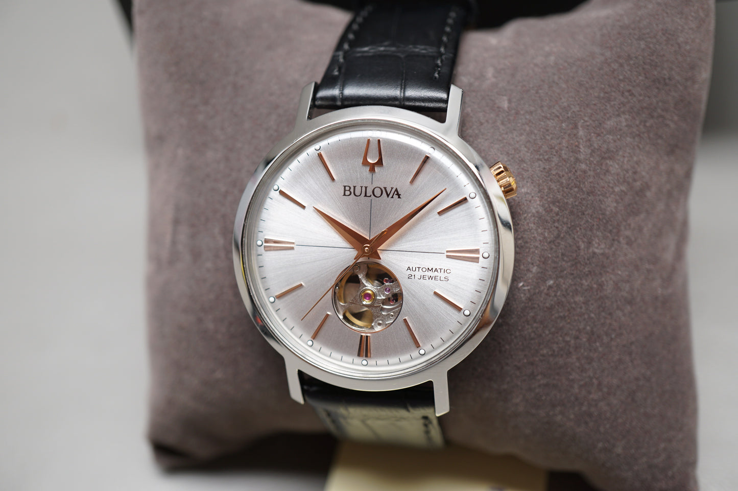Bulova Classic Aerojet 98A289 Silver Dial Open Heart Automatic Watch