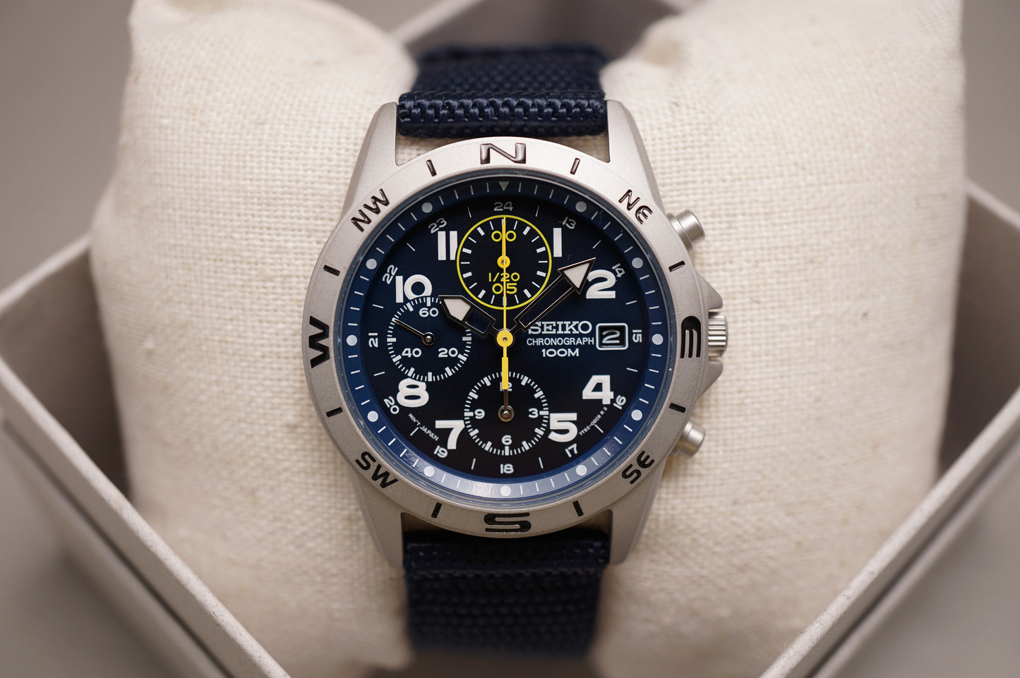New Seiko SND379R 7T92 Nylon Strap Blue Dial Field Chronograph Quartz Watch