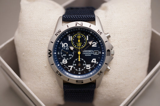 New Seiko SND379R 7T92 Nylon Strap Blue Dial Field Chronograph Quartz Watch