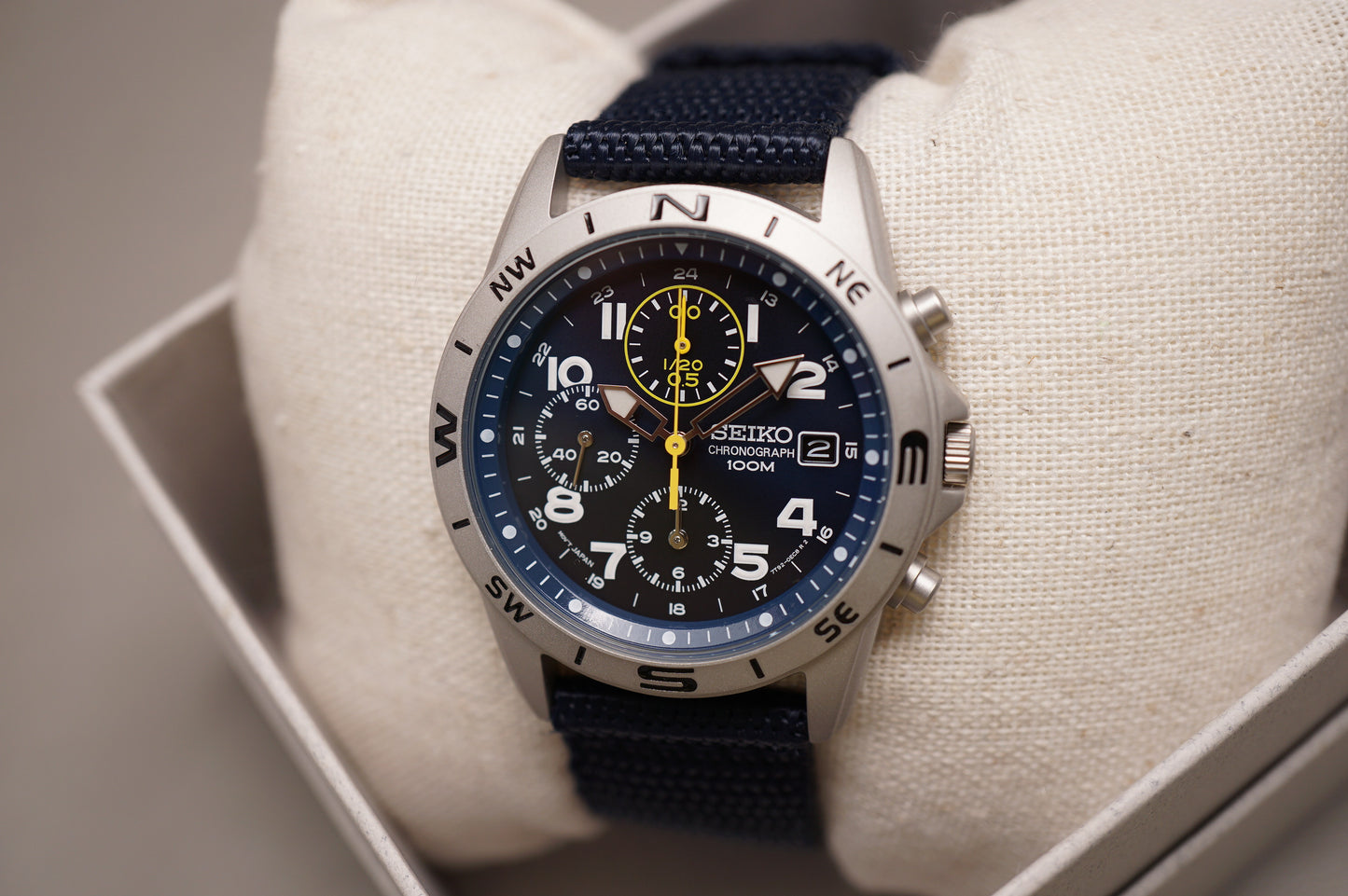 New Seiko SND379R 7T92 Nylon Strap Blue Dial Field Chronograph Quartz Watch