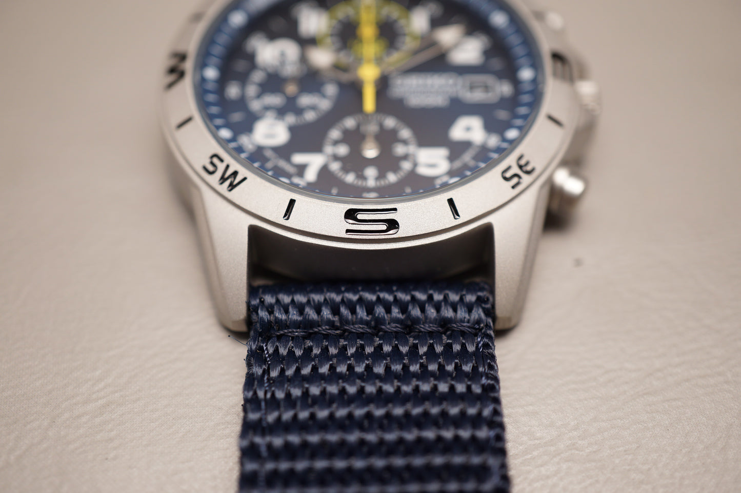 New Seiko SND379R 7T92 Nylon Strap Blue Dial Field Chronograph Quartz Watch