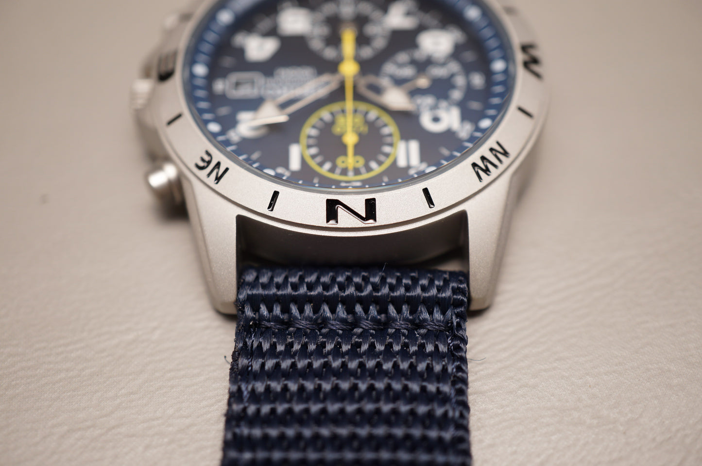 New Seiko SND379R 7T92 Nylon Strap Blue Dial Field Chronograph Quartz Watch