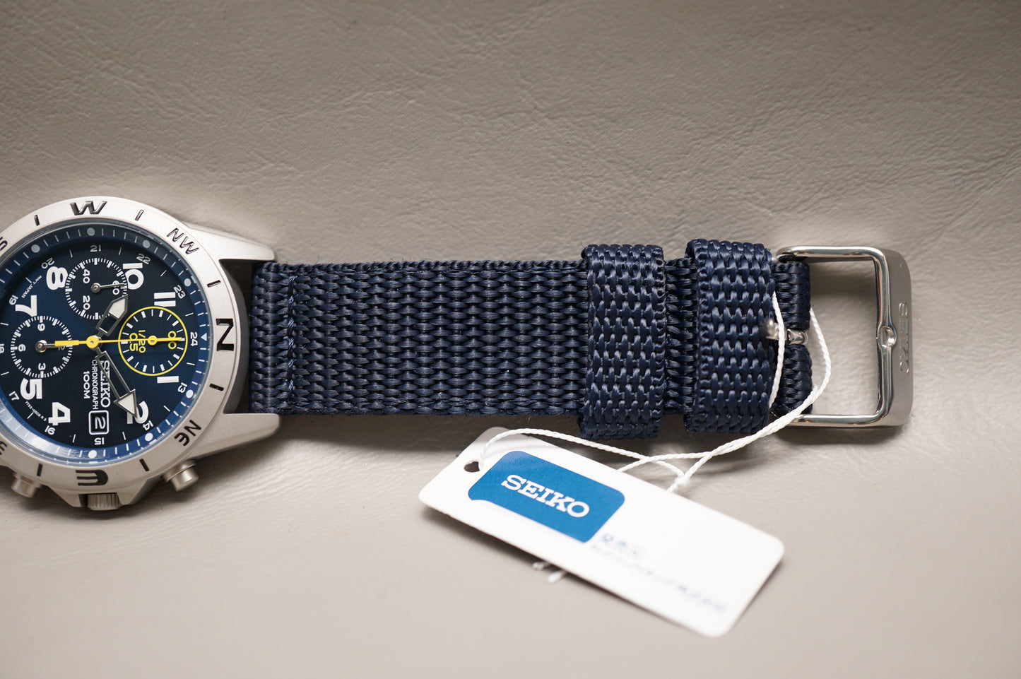 New Seiko SND379R 7T92 Nylon Strap Blue Dial Field Chronograph Quartz Watch