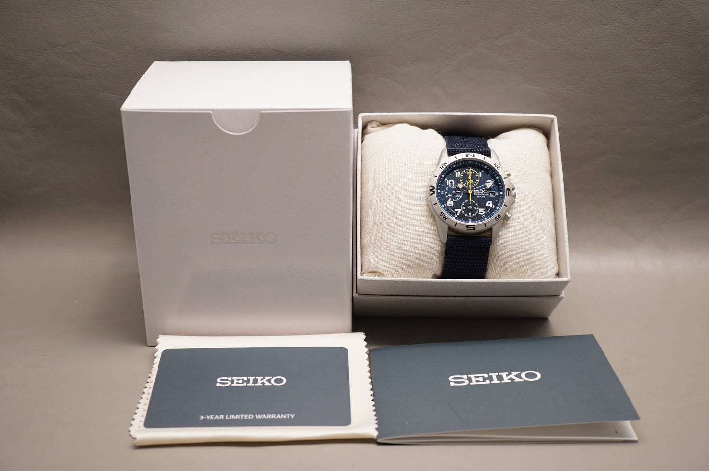 New Seiko SND379R 7T92 Nylon Strap Blue Dial Field Chronograph Quartz Watch