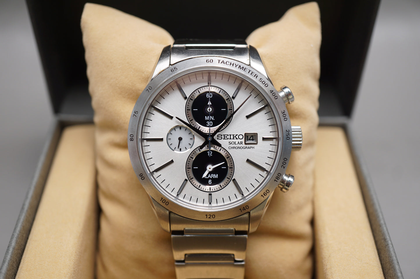 Seiko Spirit SBPY113 V172 White Panda Dial Chronograph Solar Quartz Watch