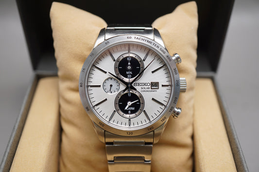 Seiko Spirit SBPY113 V172 White Panda Dial Chronograph Solar Quartz Watch