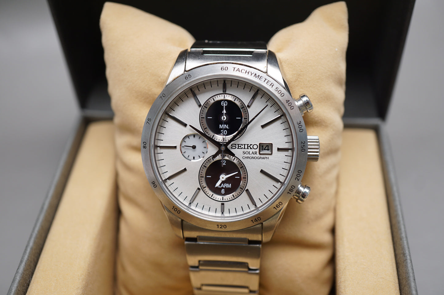 Seiko Spirit SBPY113 V172 White Panda Dial Chronograph Solar Quartz Watch