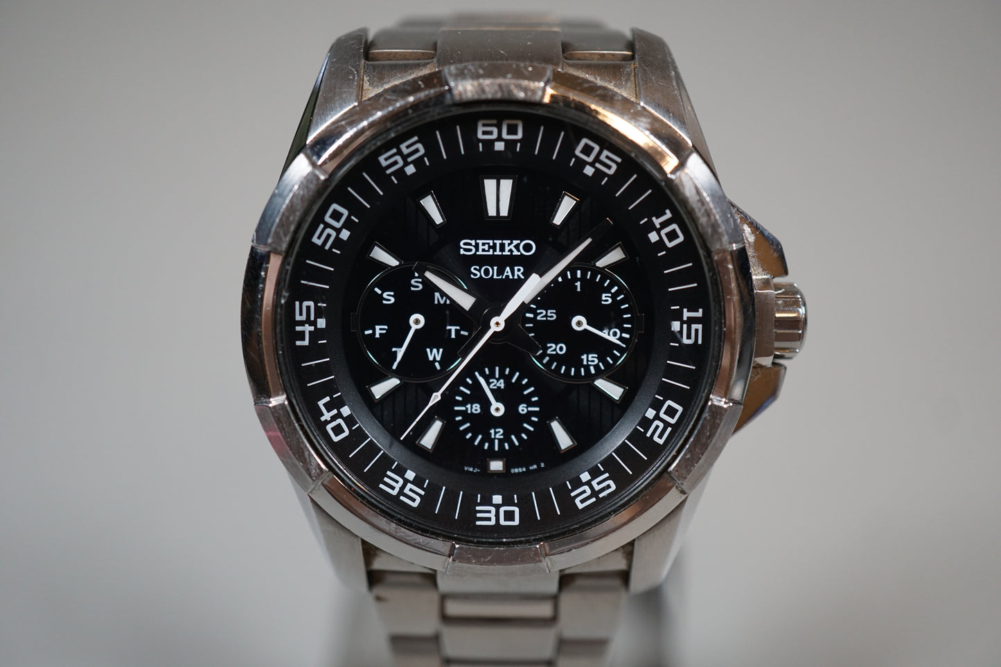 Seiko SNE015P1 V14J Day Date Black Dial Solar Quartz Watch