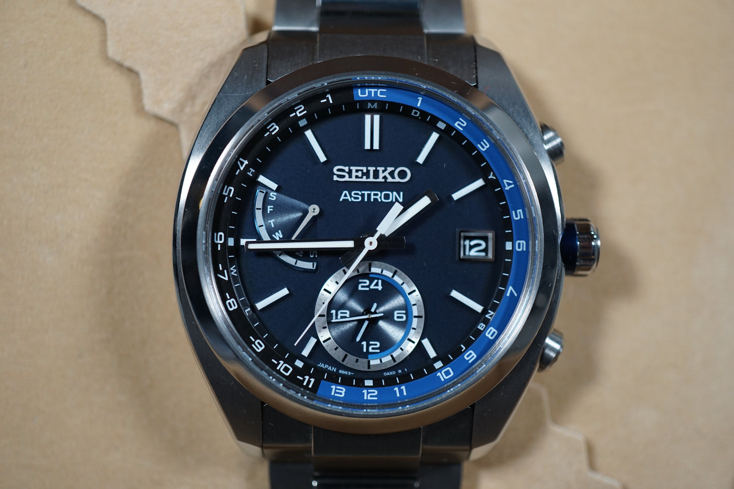 Seiko Astron SBXY013 8B63 Titanium Navy Dial Radio Wave Solar Quartz Watch