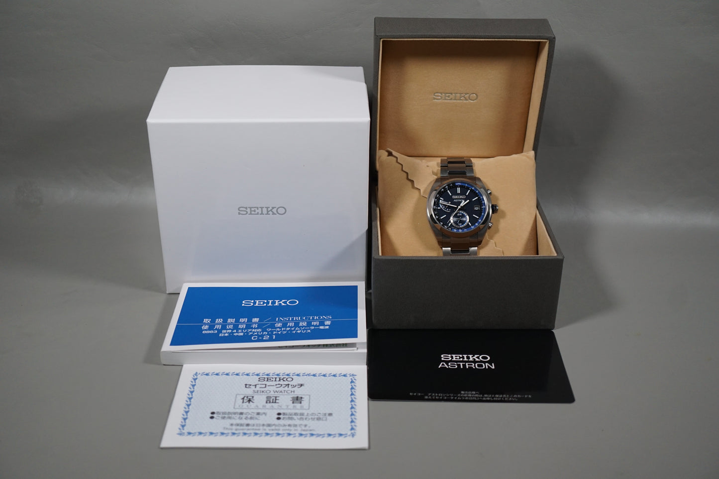 Seiko Astron SBXY013 8B63 Titanium Navy Dial Radio Wave Solar Quartz Watch