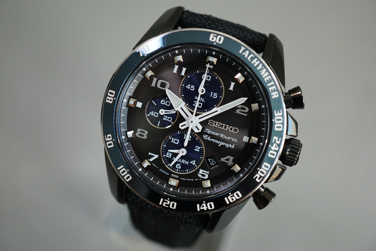 Seiko Sportura SNAF37 7T62 Black Dial Blue Bezel Quartz Chronograph Watch