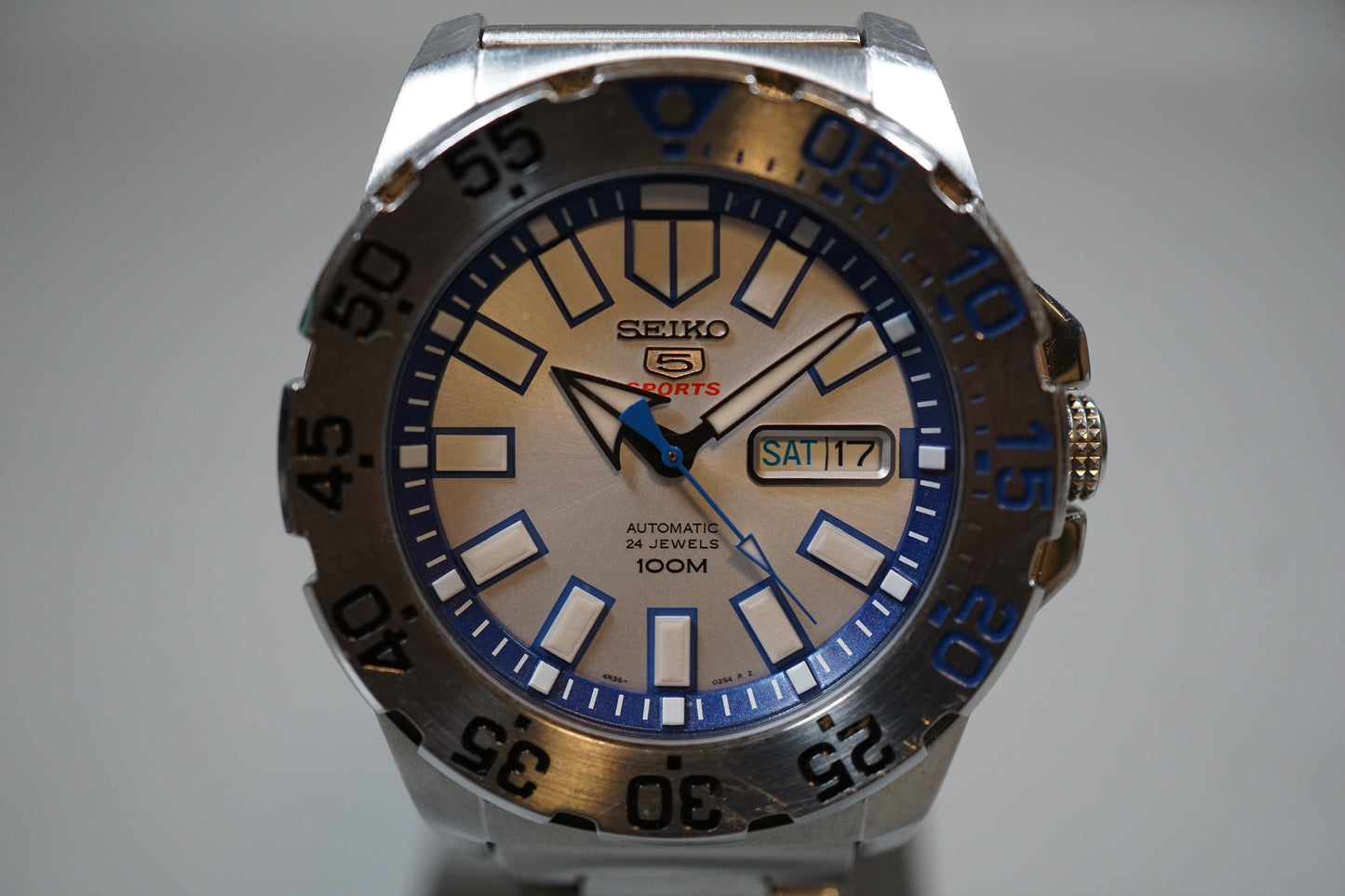 Seiko 5 Sports SRP481 4R36 White Blue "Baby Ice Monster" Automatic Watch
