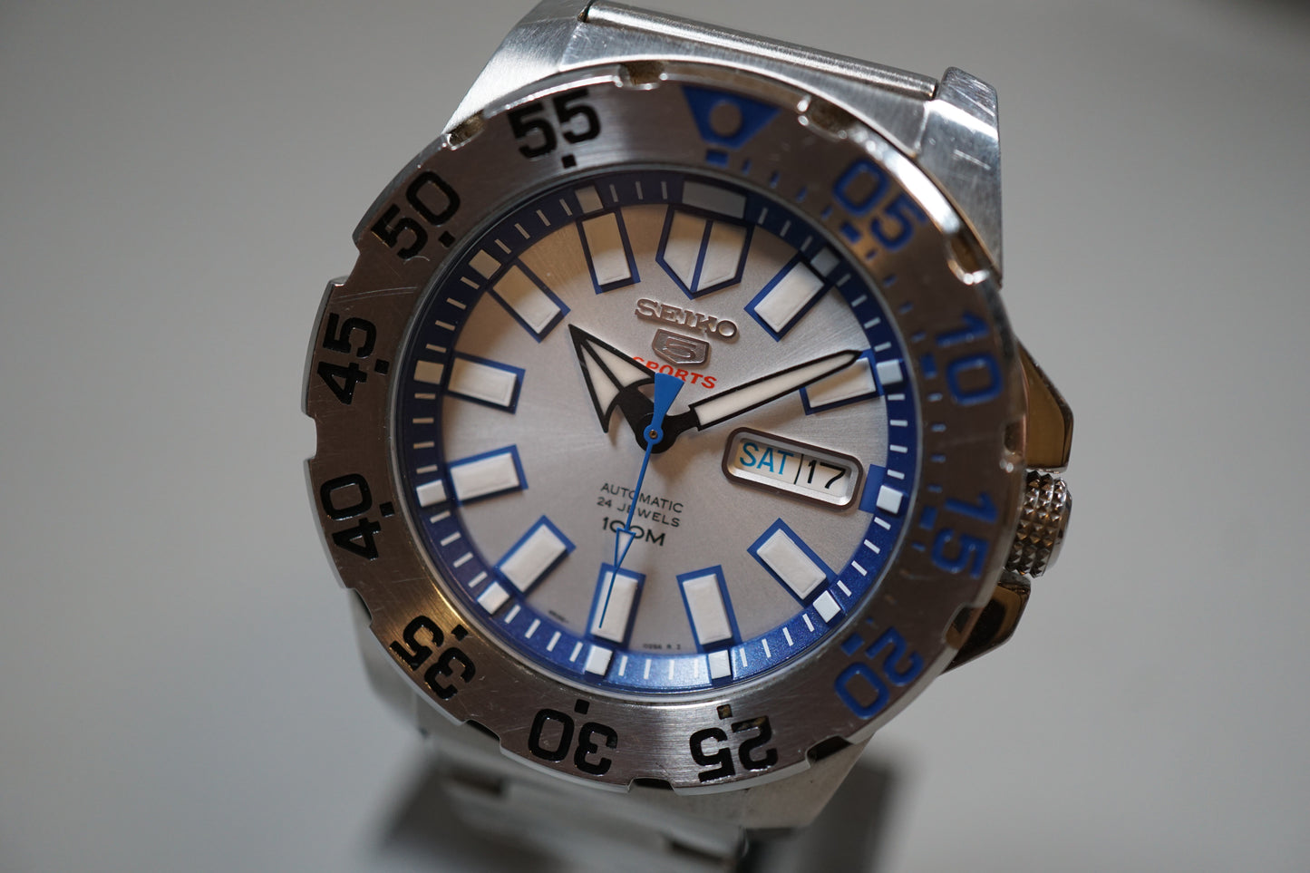 Seiko 5 Sports SRP481 4R36 White Blue "Baby Ice Monster" Automatic Watch