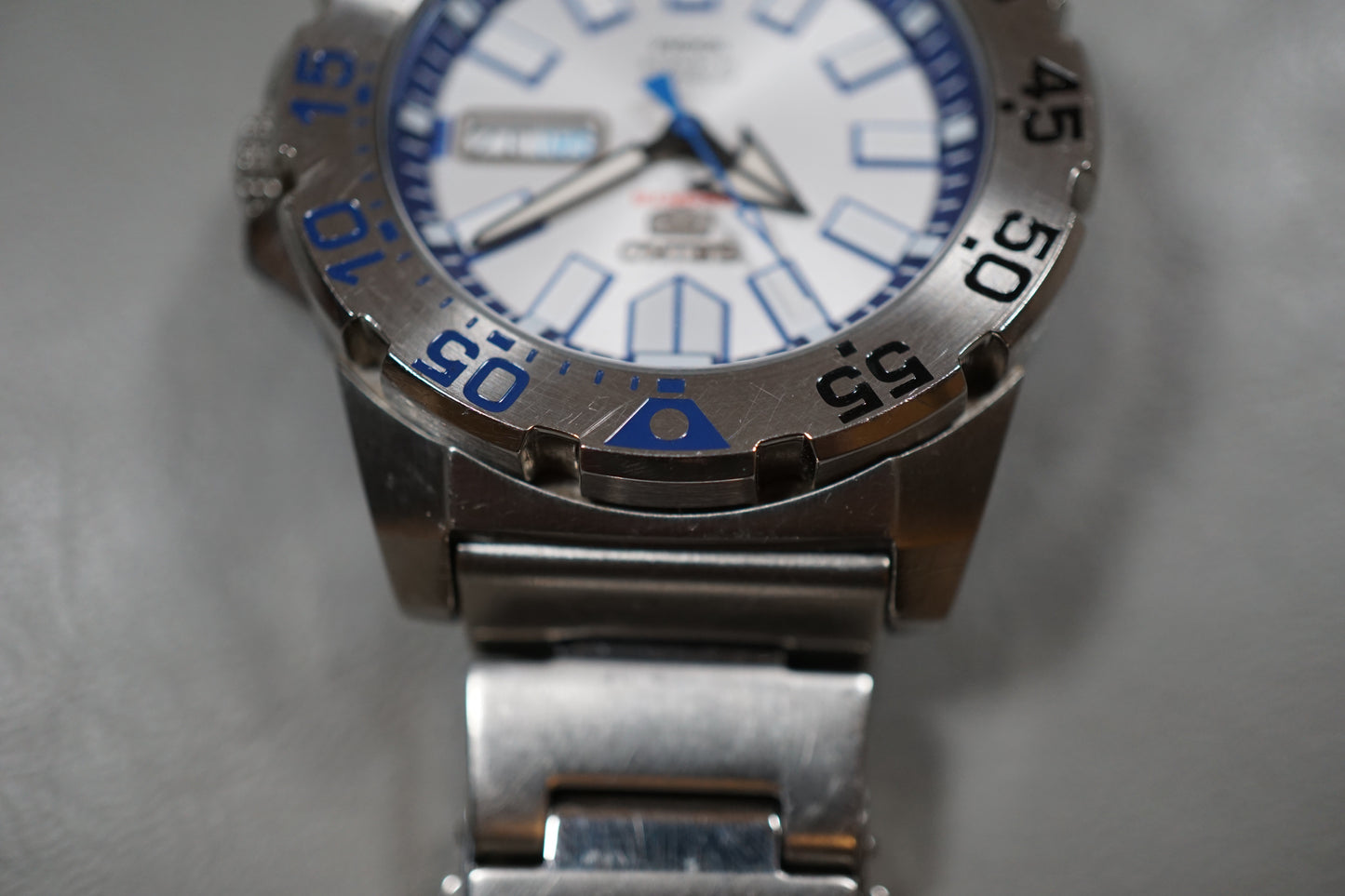 Seiko 5 Sports SRP481 4R36 White Blue "Baby Ice Monster" Automatic Watch