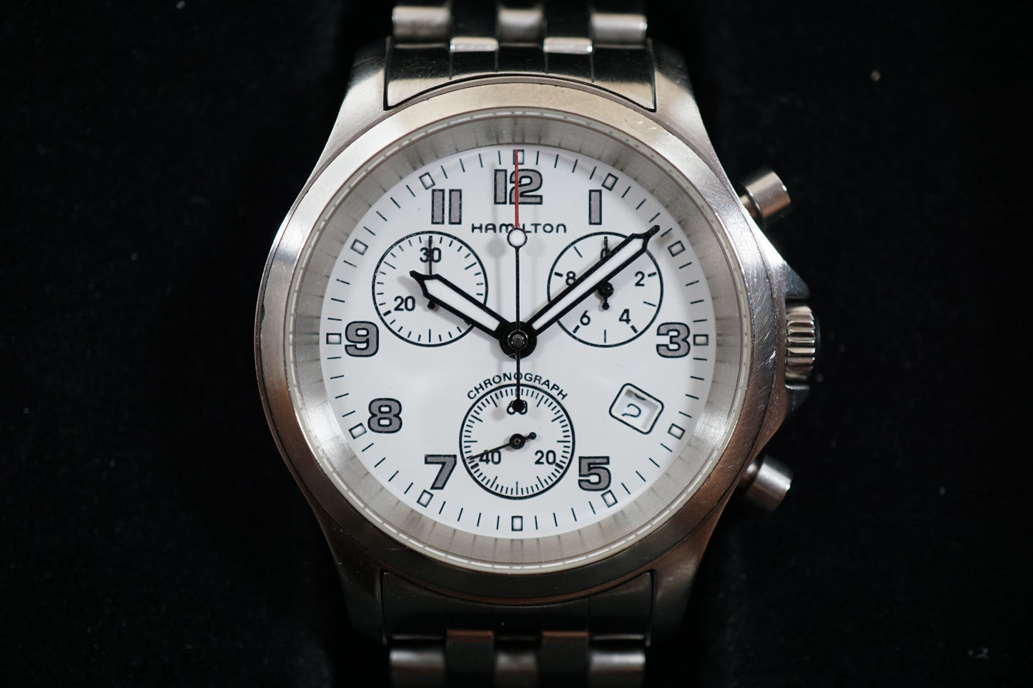 Hamilton Khaki 3832 Field Rare White Dial Military Chronograph Quartz