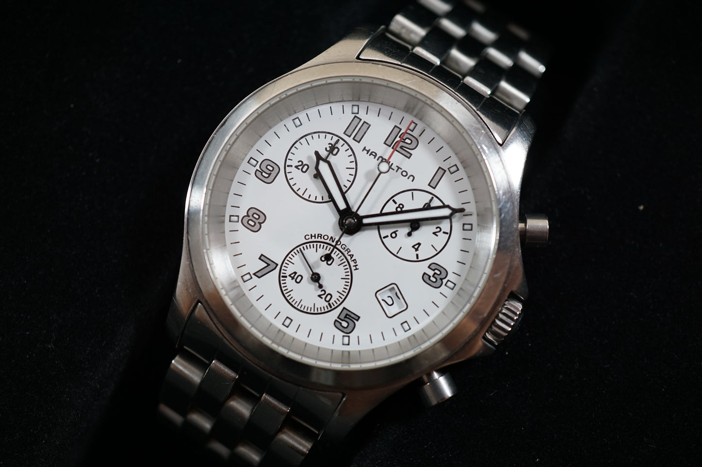 Hamilton Khaki 3832 Field Rare White Dial Military Chronograph Quartz